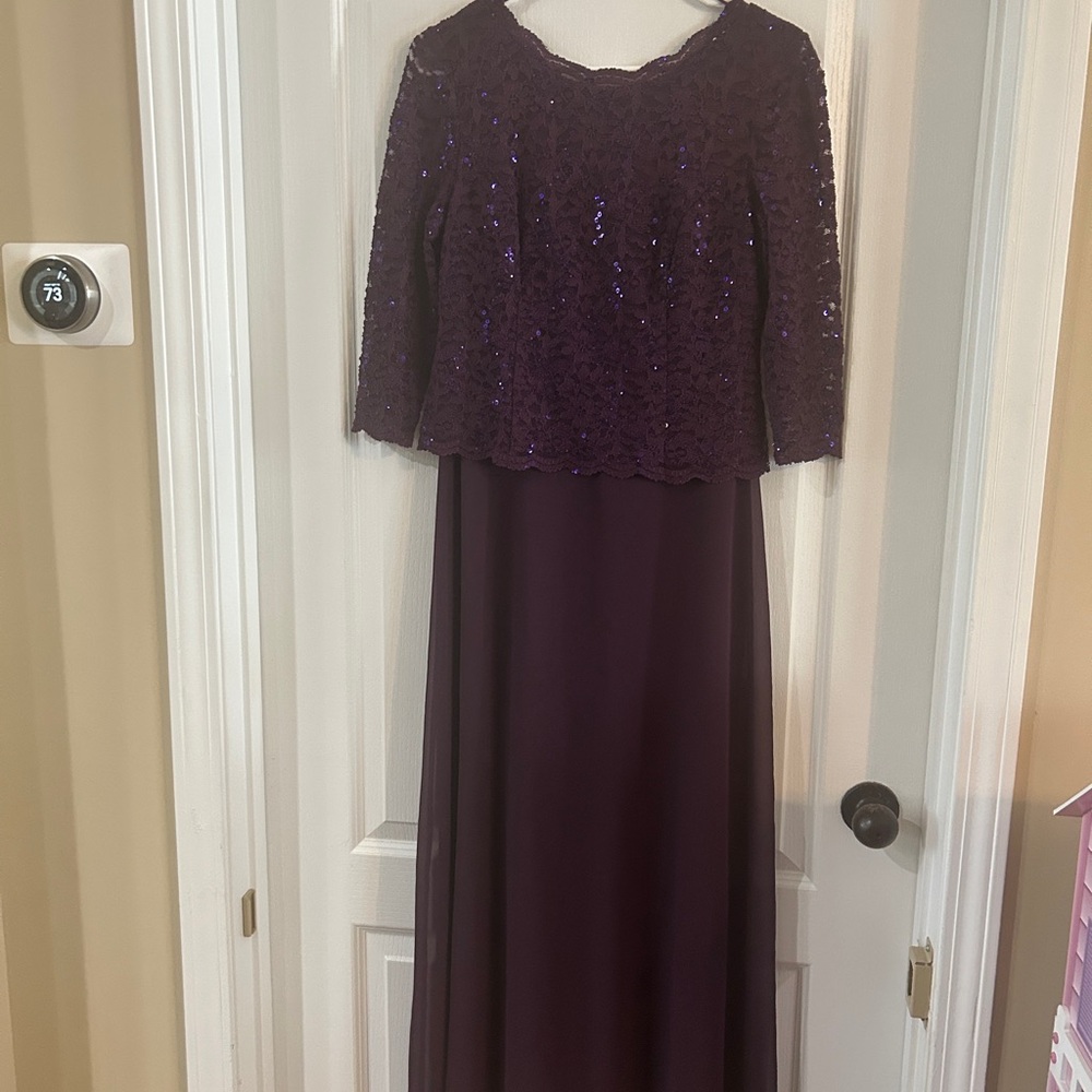 Alex Evenings Long Sleeve Sequined Lace Gown in Plum